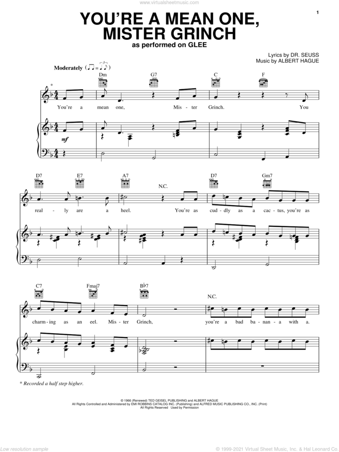 You're A Mean One, Mr. Grinch sheet music for voice, piano or guitar by Glee Cast, Miscellaneous and Albert Hague, intermediate skill level