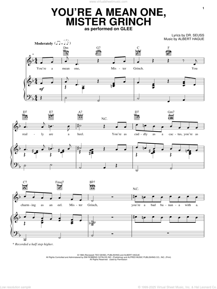 You're A Mean One, Mr. Grinch sheet music for voice, piano or guitar by Glee Cast, Miscellaneous and Albert Hague, intermediate skill level