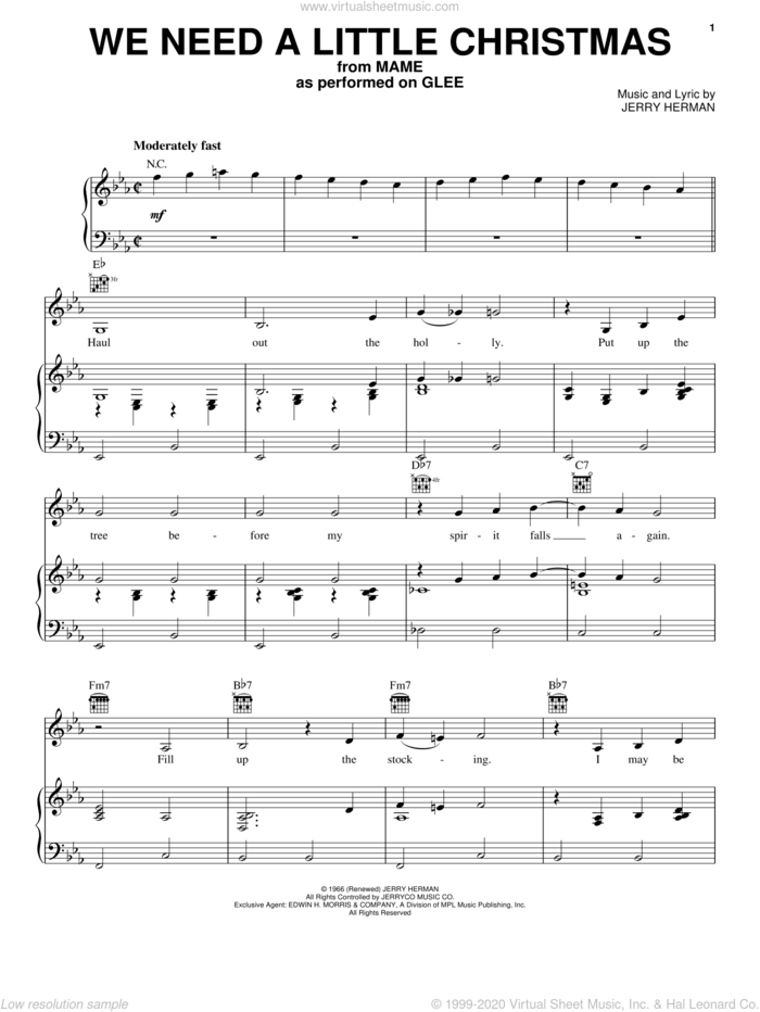 We Need A Little Christmas sheet music for voice, piano or guitar by Glee Cast, Miscellaneous and Jerry Herman, intermediate skill level