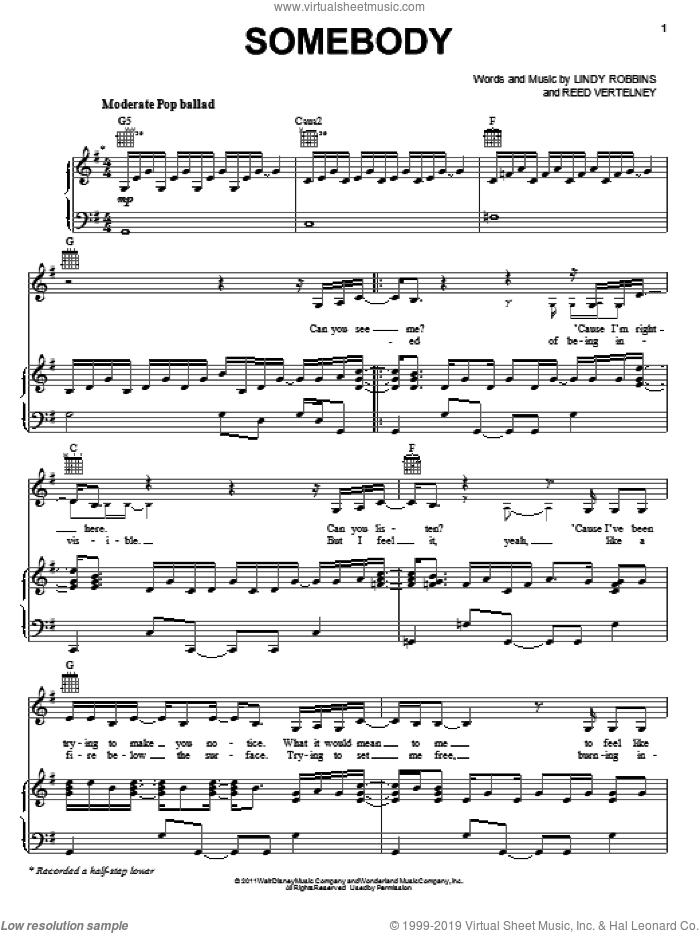 Somebody sheet music for voice, piano or guitar by Lemonade Mouth (Movie), Bridgit Mendler, Lindy Robbins and Reed Vertelney, intermediate skill level