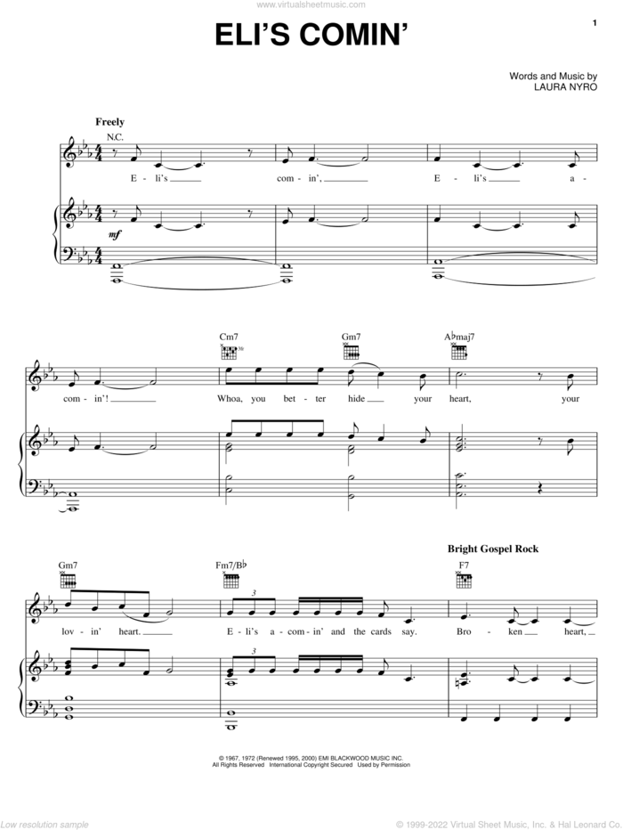 Eli's Comin' sheet music for voice, piano or guitar by Three Dog Night and Laura Nyro, intermediate skill level