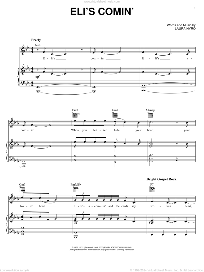 Eli's Comin' sheet music for voice, piano or guitar by Three Dog Night and Laura Nyro, intermediate skill level