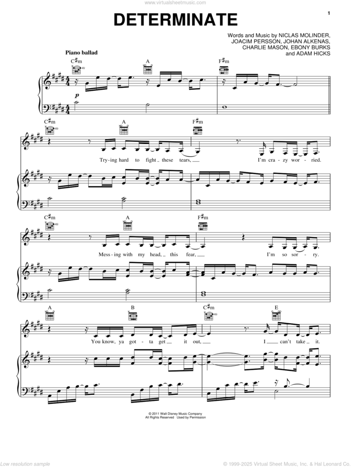 Determinate sheet music for voice, piano or guitar by Lemonade Mouth (Movie), Bridgit Mendler, Hayley Kiyoko, Naomi Scott, Adam Hicks, Charlie Mason, Ebony Burks, Joacim Persson, Johan Alkenas and Niclas Molinder, intermediate skill level