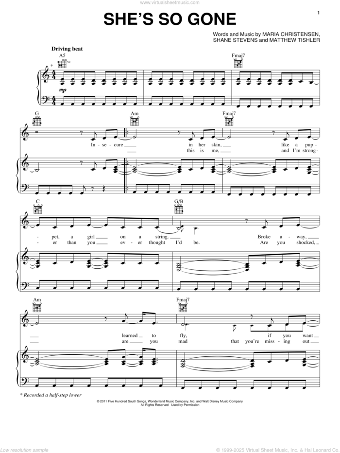 She's So Gone sheet music for voice, piano or guitar by Lemonade Mouth (Movie), Naomi Scott, Maria Christensen, Matthew Tishler and Shane Stevens, intermediate skill level