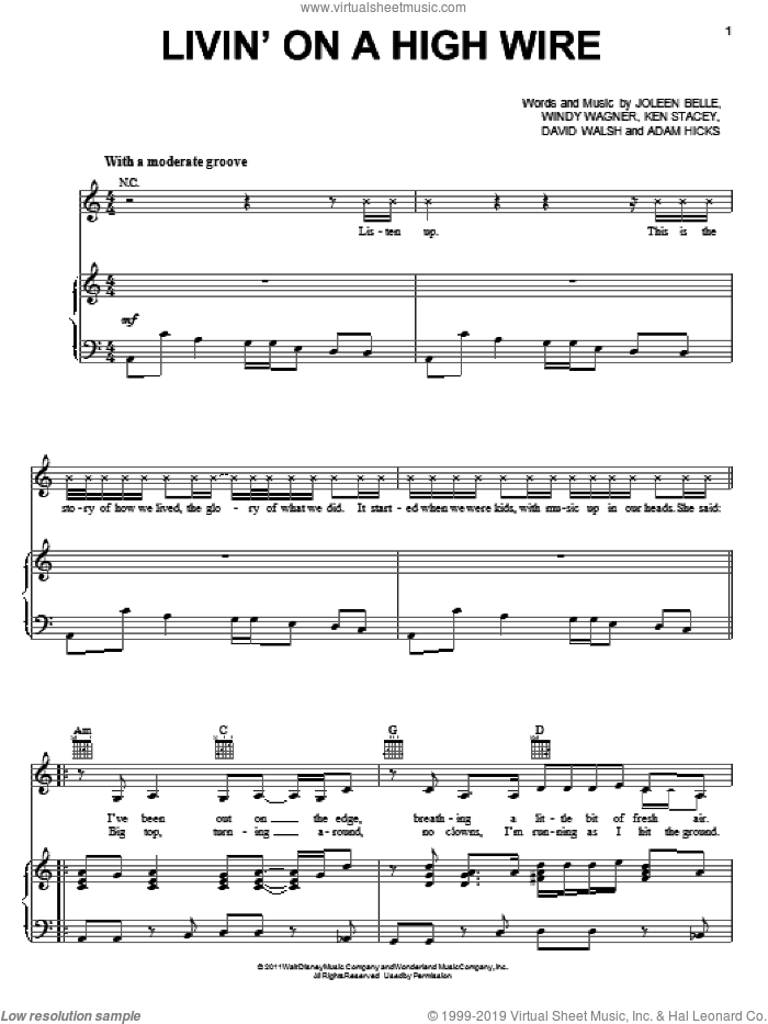 Livin' On A High Wire sheet music for voice, piano or guitar by Lemonade Mouth (Movie), Bridgit Mendler, Naomi Scott, Adam Hicks, David Walsh, Joleen Belle, Ken Stacey and Windy Wagner, intermediate skill level