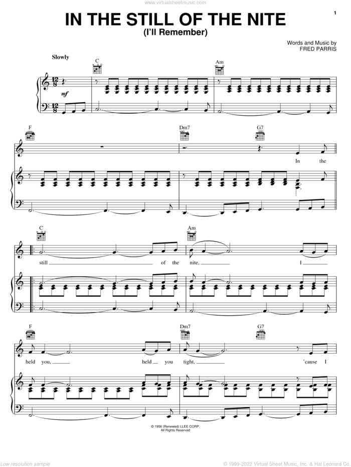 In The Still Of The Nite (I'll Remember) sheet music for voice, piano or guitar by Boyz II Men, The Five Satins and Fred Parris, intermediate skill level