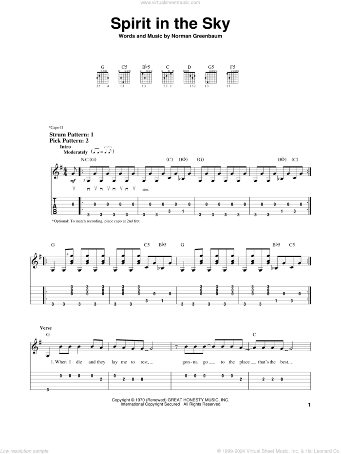 Spirit In The Sky sheet music for guitar solo (easy tablature) by Norman Greenbaum, easy guitar (easy tablature)