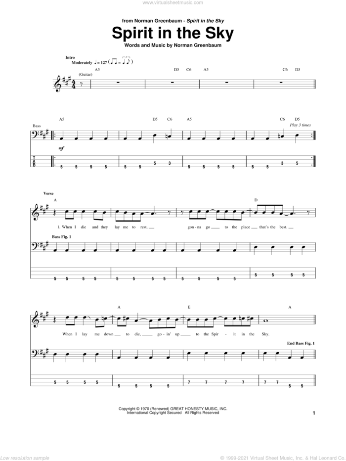 Spirit In The Sky sheet music for bass (tablature) (bass guitar) by Norman Greenbaum, intermediate skill level
