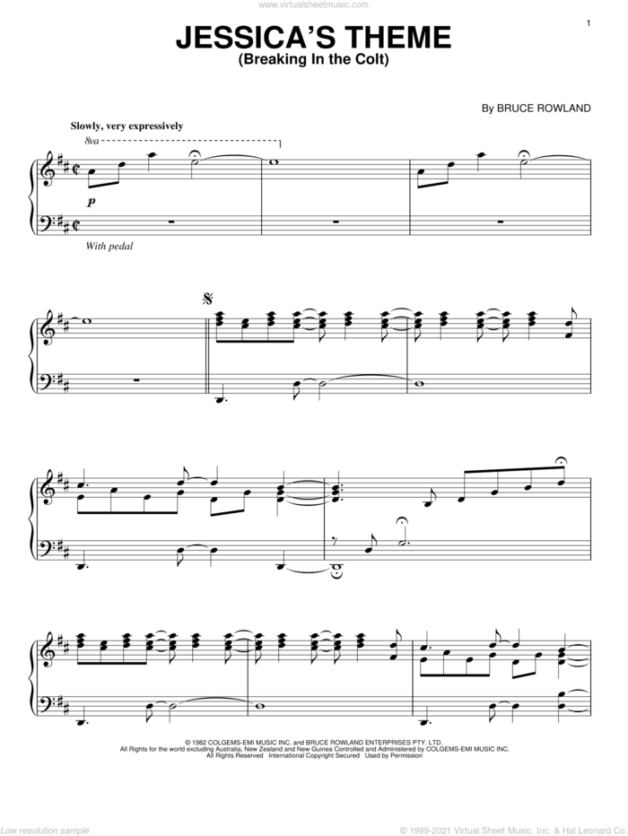Jessica's Theme (Breaking In The Colt) (from The Man From Snowy River) sheet music for piano solo by Bruce Rowland and The Man From Snowy River (Movie), intermediate skill level