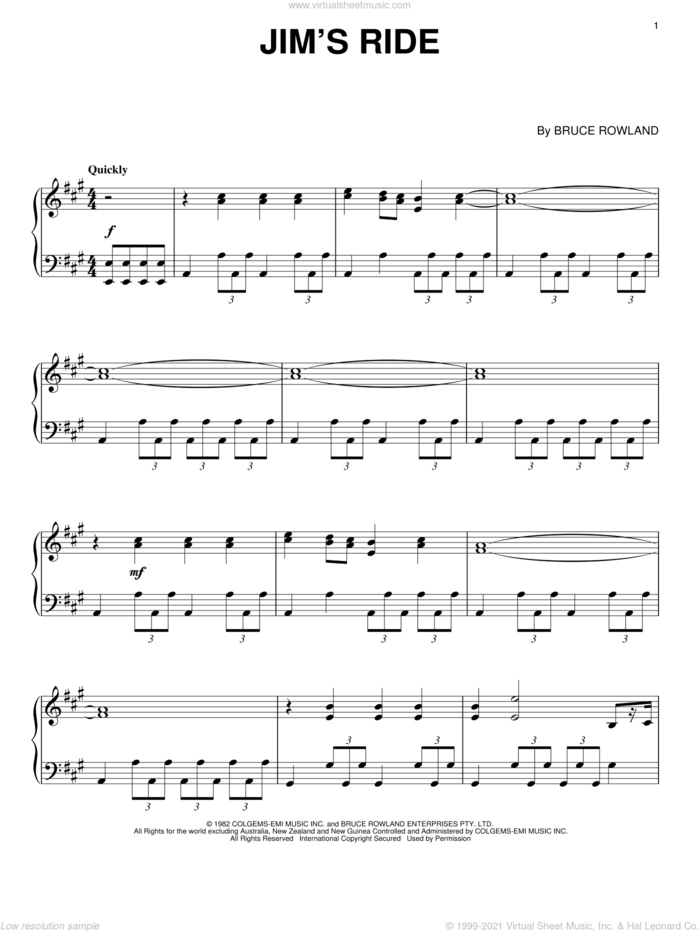 Jim's Ride sheet music for piano solo by Bruce Rowland and The Man From Snowy River (Movie), intermediate skill level