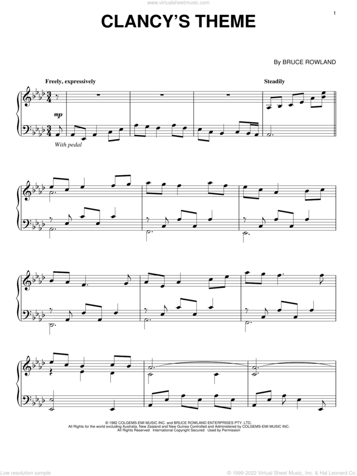 Clancy's Theme sheet music for piano solo by Bruce Rowland and The Man From Snowy River (Movie), intermediate skill level