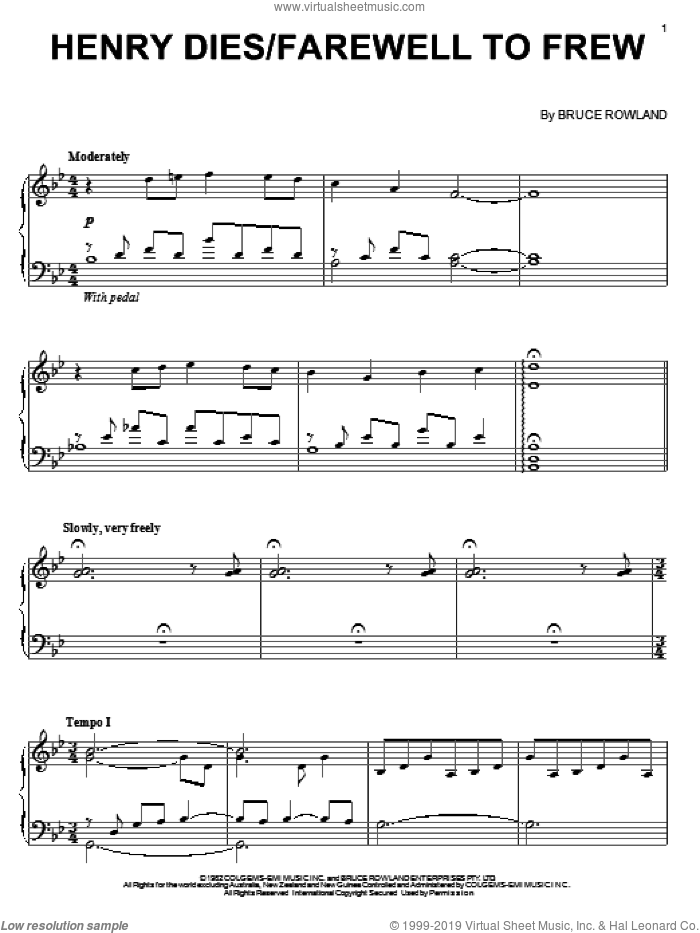 Henry Dies/Farewell To Frew sheet music for piano solo by Bruce Rowland and The Man From Snowy River (Movie), intermediate skill level