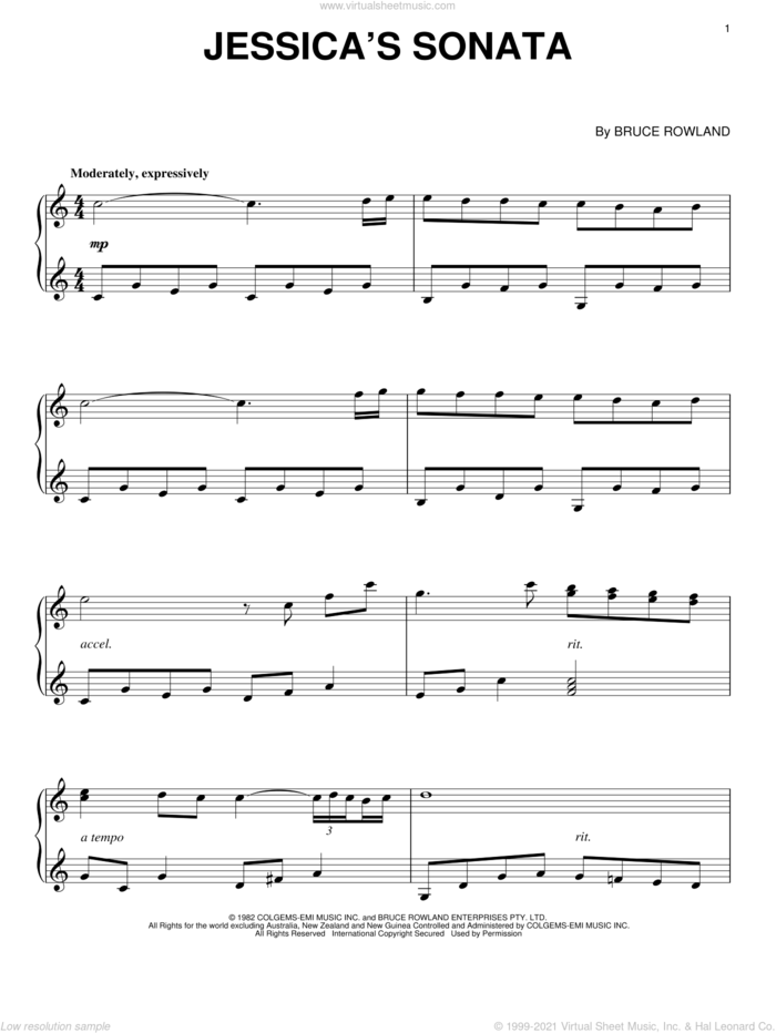 Jessica's Sonata sheet music for piano solo by Bruce Rowland and The Man From Snowy River (Movie), intermediate skill level