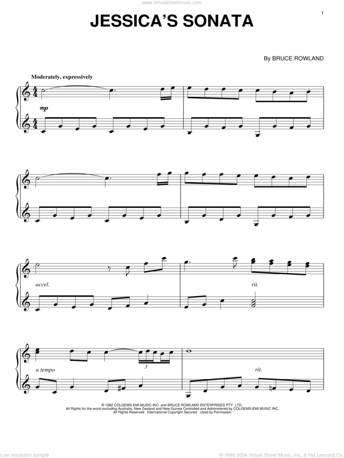 Jessica's Sonata sheet music for piano solo by Bruce Rowland and The Man From Snowy River (Movie), intermediate skill level