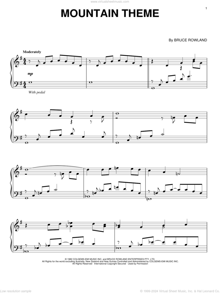 Mountain Theme sheet music for piano solo by Bruce Rowland and The Man From Snowy River (Movie), intermediate skill level