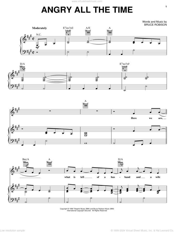 Angry All The Time sheet music for voice, piano or guitar by Tim McGraw and Bruce Robison, intermediate skill level