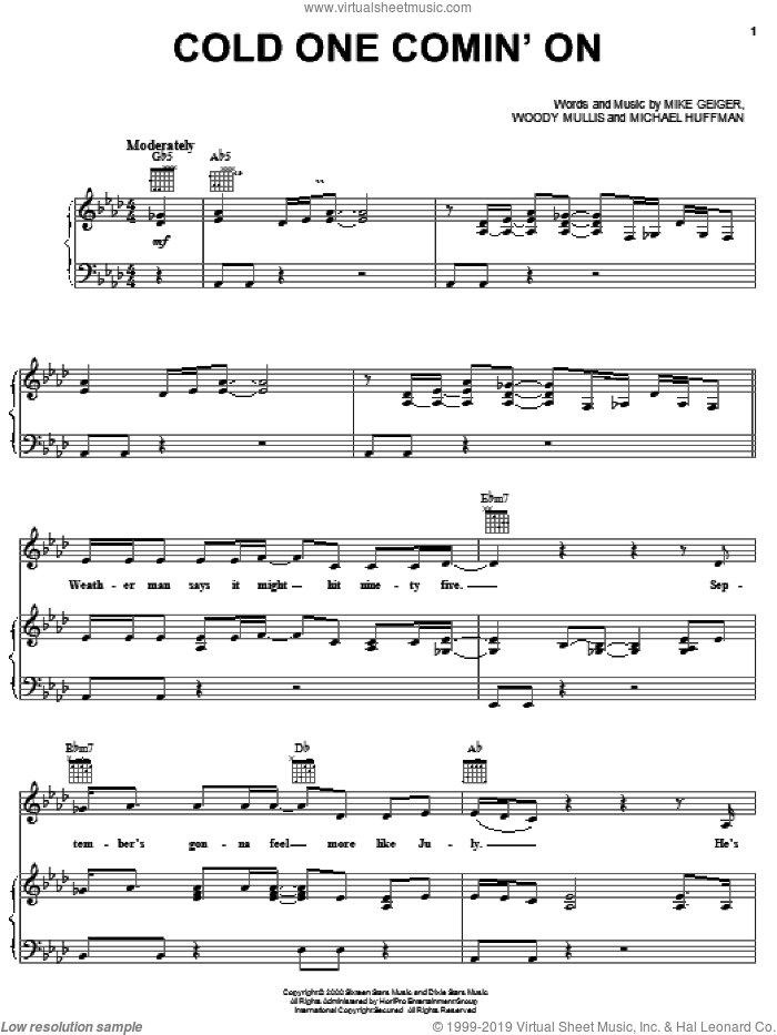 Cold One Comin' On sheet music for voice, piano or guitar by Montgomery Gentry, Michael Huffman, Mike Geiger and Woody Mullis, intermediate skill level