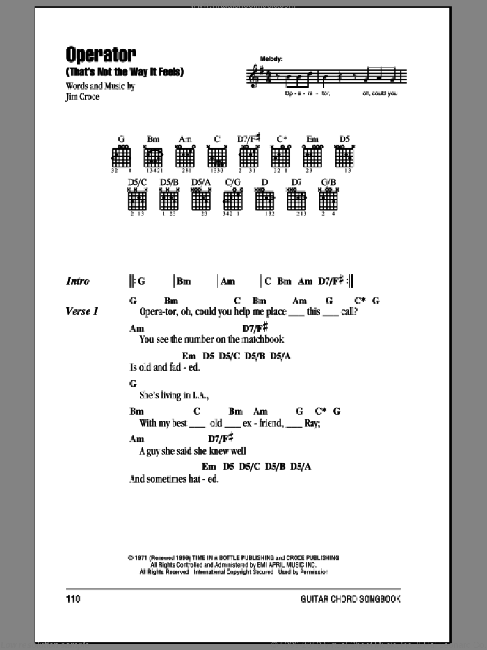 Operator (That's Not The Way It Feels) sheet music for guitar (chords) by Jim Croce, intermediate skill level