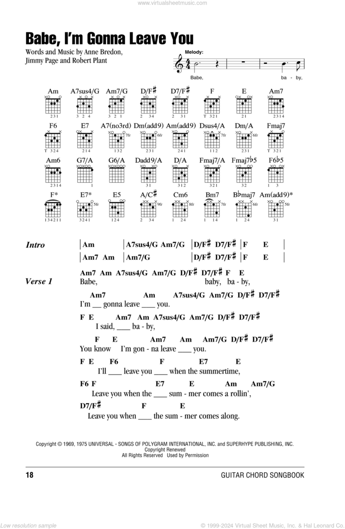 Babe, I'm Gonna Leave You sheet music for guitar (chords) by Led Zeppelin, Anne Bredon, Jimmy Page and Robert Plant, intermediate skill level