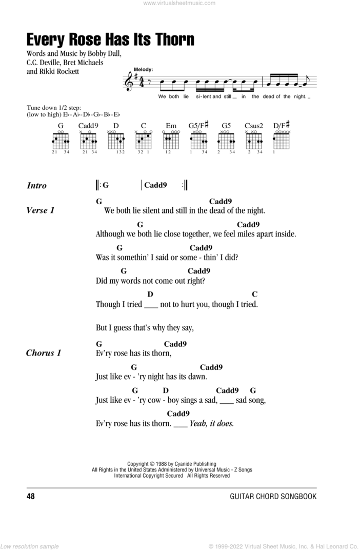Every Rose Has Its Thorn sheet music for guitar (chords) by Poison, Bobby Dall, Bret Michaels, C.C. Deville and Rikki Rockett, intermediate skill level