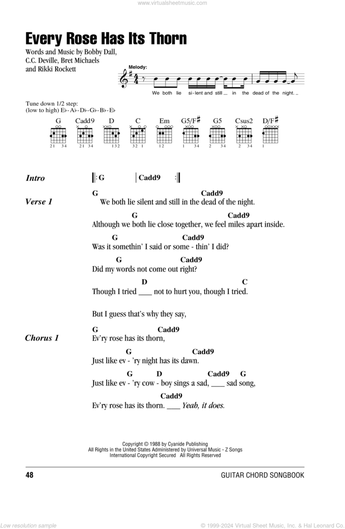 Every Rose Has Its Thorn sheet music for guitar (chords) by Poison, Bobby Dall, Bret Michaels, C.C. Deville and Rikki Rockett, intermediate skill level