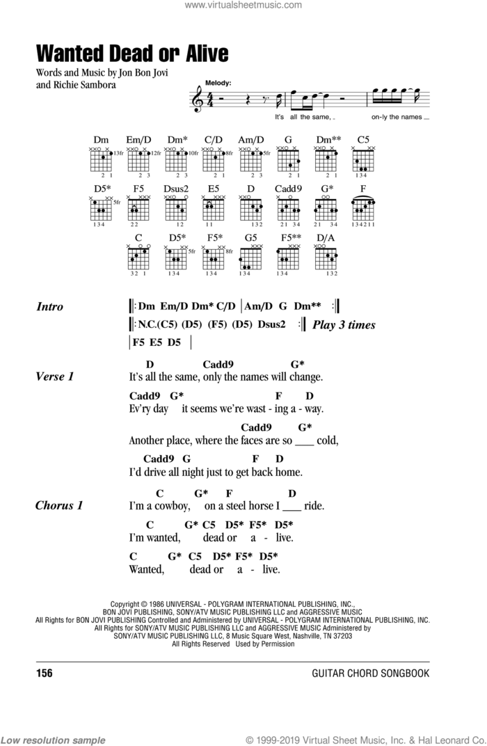 Wanted Dead Or Alive sheet music for guitar (chords) by Bon Jovi and Richie Sambora, intermediate skill level