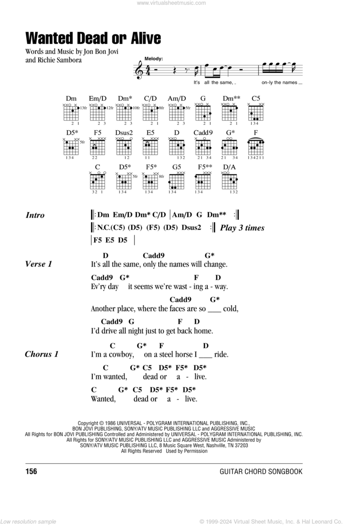 Wanted Dead Or Alive sheet music for guitar (chords) by Bon Jovi and Richie Sambora, intermediate skill level