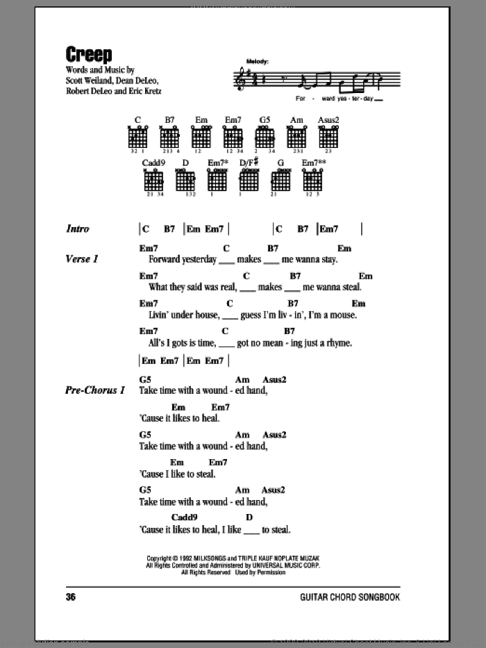 Creep sheet music for guitar (chords) by Stone Temple Pilots, Dean DeLeo, Eric Kretz, Robert DeLeo and Scott Weiland, intermediate skill level