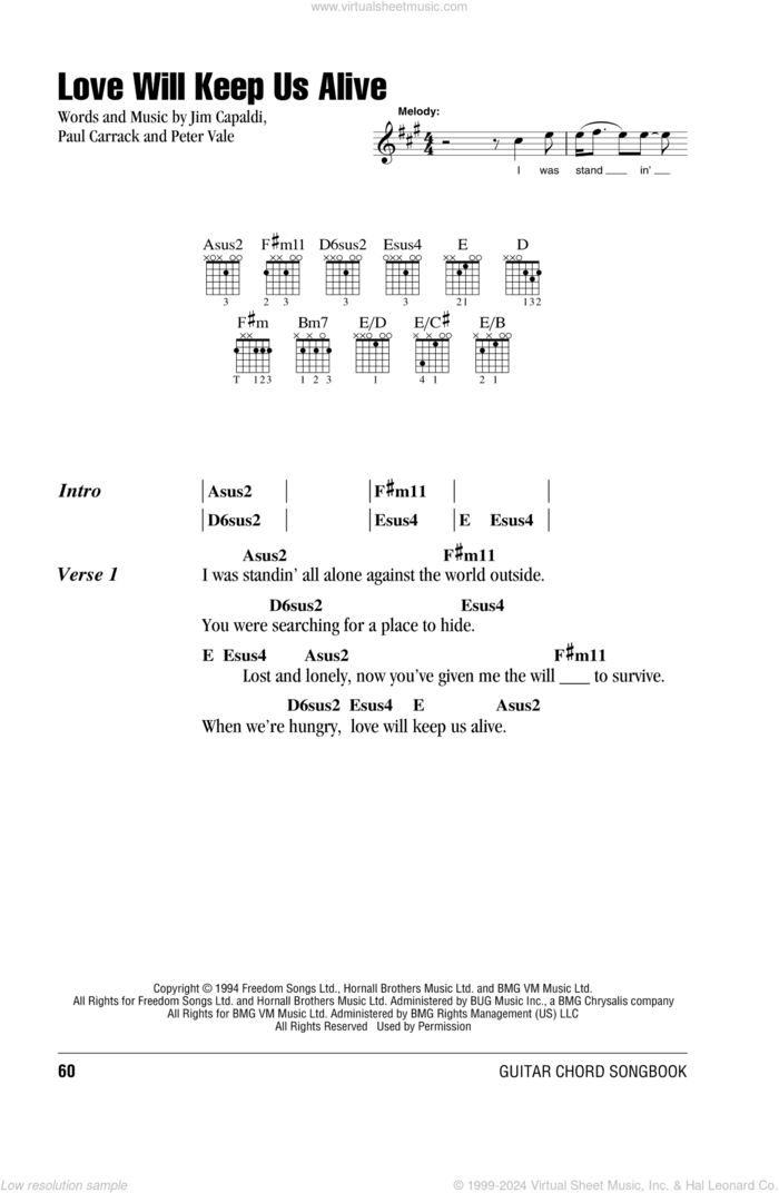 Love Will Keep Us Alive sheet music for guitar (chords) by Paul Carrack, The Eagles, Jim Capaldi and Peter Vale, wedding score, intermediate skill level