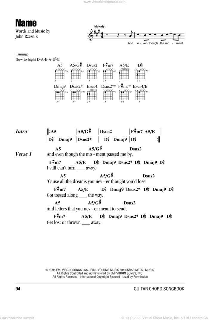 Name sheet music for guitar (chords) by Goo Goo Dolls and John Rzeznik, intermediate skill level