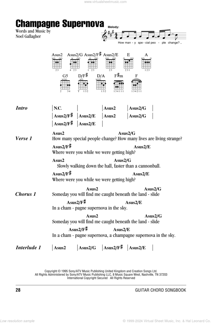 Champagne Supernova sheet music for guitar (chords) by Oasis and Noel Gallagher, intermediate skill level