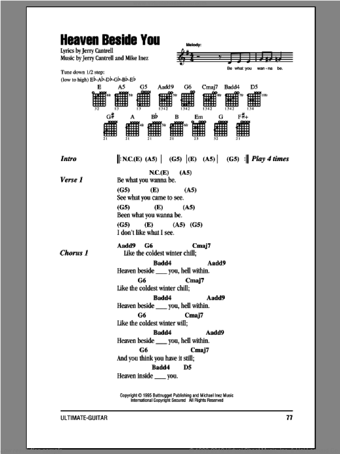 Heaven Beside You sheet music for guitar (chords) by Alice In Chains, Jerry Cantrell and Mike Inez, intermediate skill level