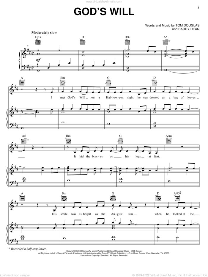 God's Will sheet music for voice, piano or guitar by Martina McBride, Barry Dean and Tom Douglas, intermediate skill level