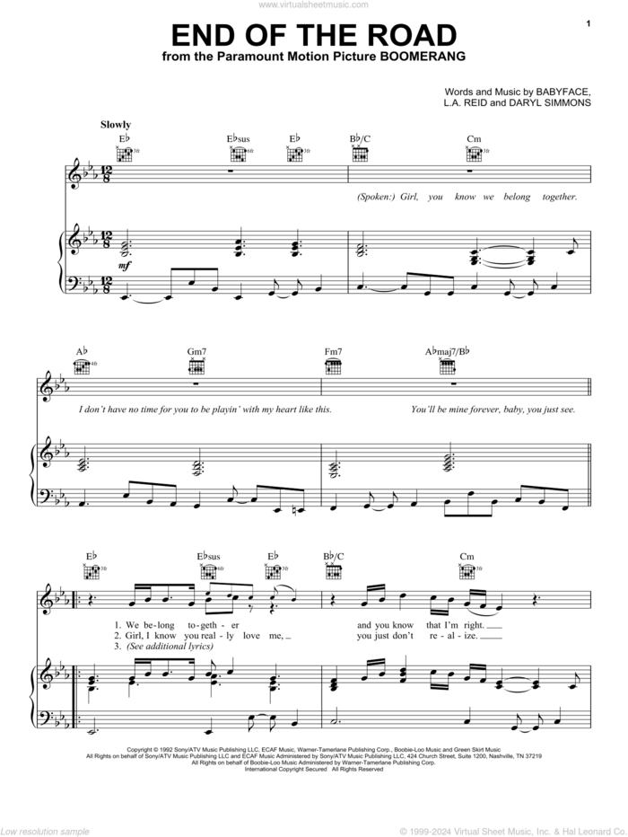 End Of The Road sheet music for voice, piano or guitar by Boyz II Men, Babyface, Daryl Simmons and L.A. Reid, intermediate skill level