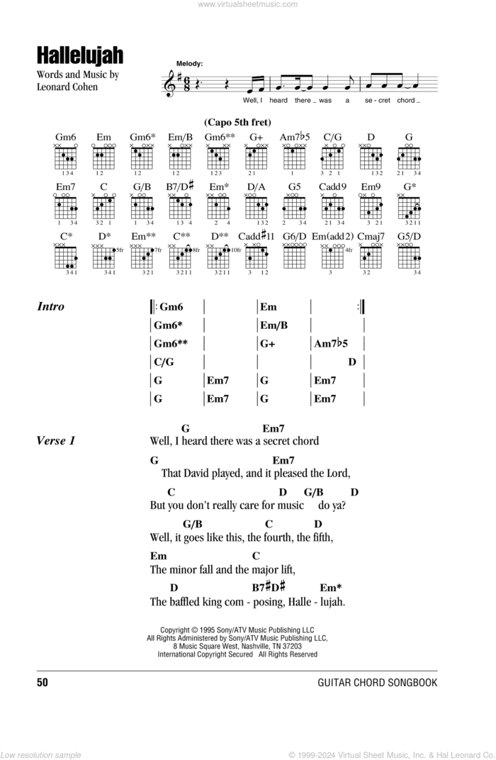 Hallelujah sheet music for guitar (chords) by Leonard Cohen, intermediate skill level