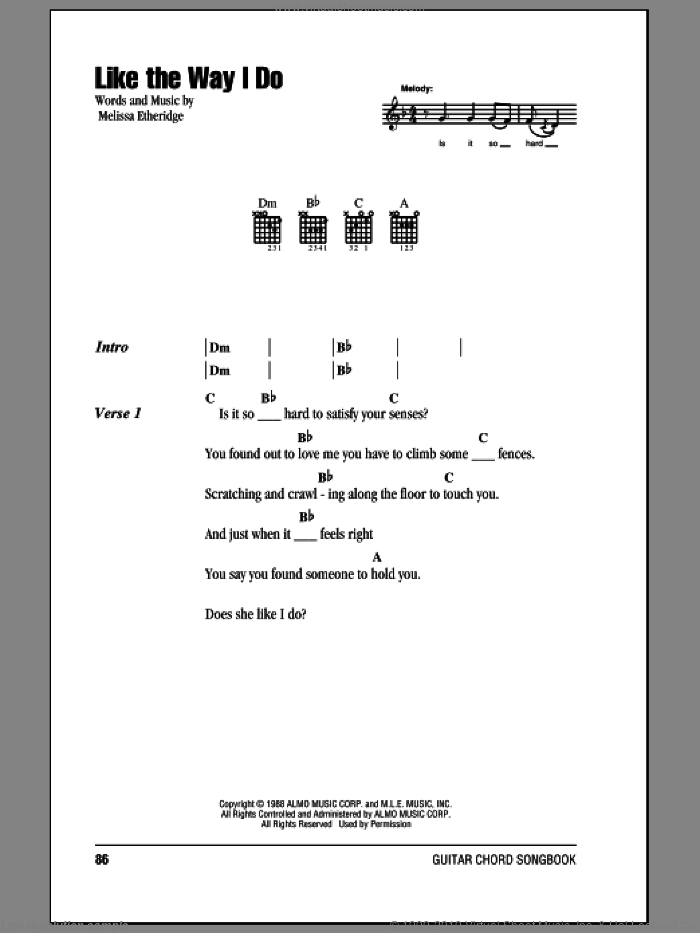 Like The Way I Do sheet music for guitar (chords) by Melissa Etheridge, intermediate skill level