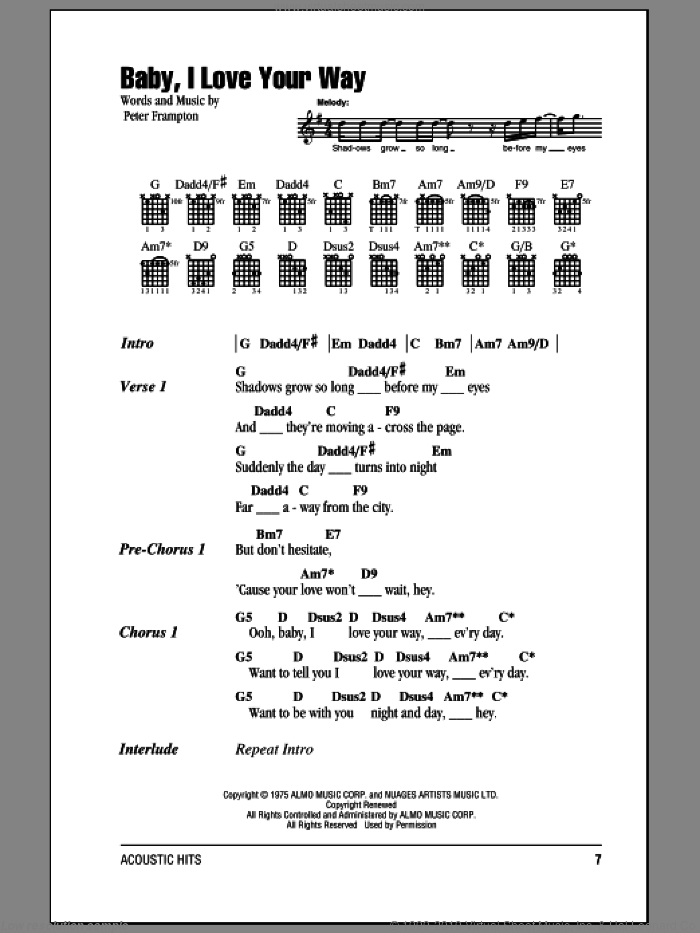 Baby, I Love Your Way sheet music for guitar (chords) by Peter Frampton, intermediate skill level