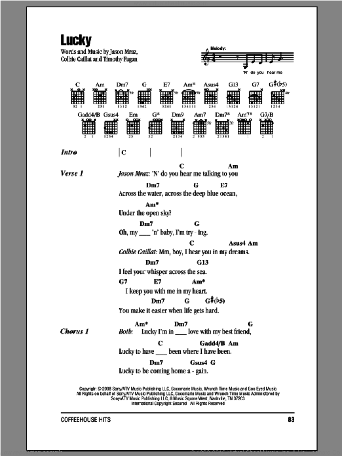 Lucky sheet music for guitar (chords) by Jason Mraz & Colbie Caillat, Colbie Caillat, Jason Mraz and Timothy Fagan, wedding score, intermediate skill level