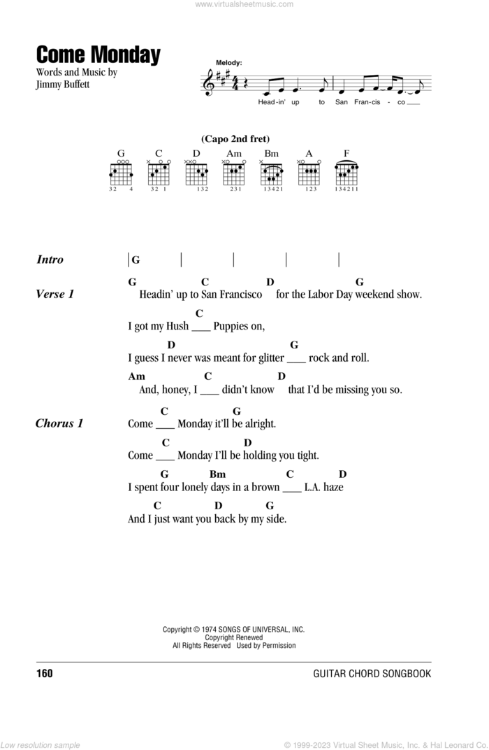Come Monday sheet music for guitar (chords) by Jimmy Buffett, intermediate skill level