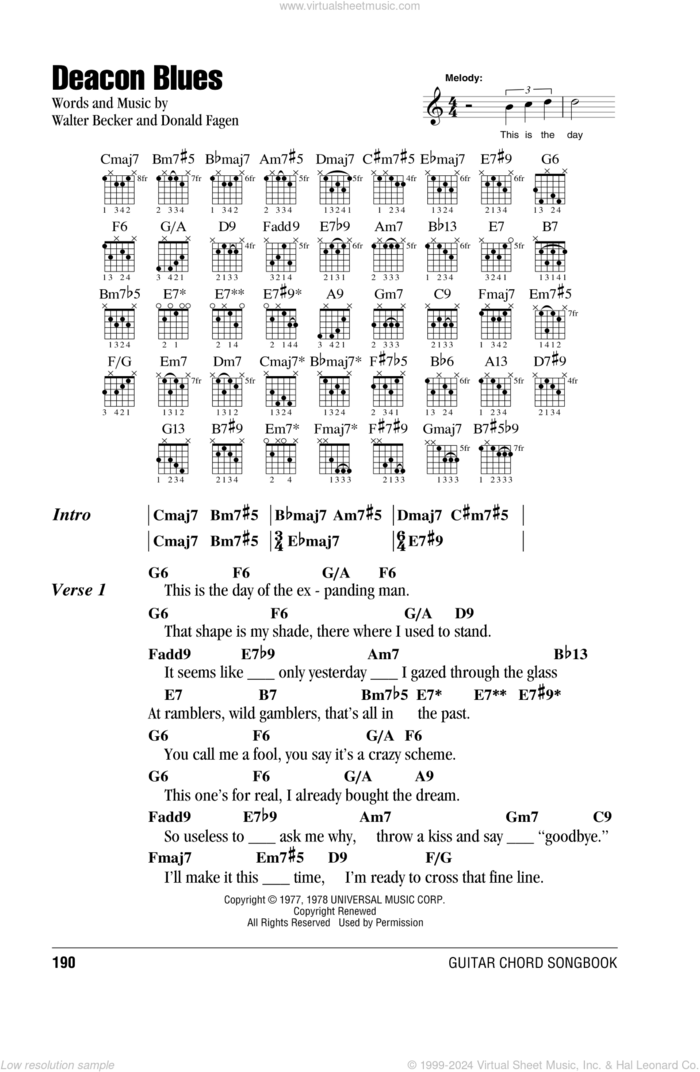 Deacon Blues sheet music for guitar (chords) by Steely Dan, Donald Fagen and Walter Becker, intermediate skill level