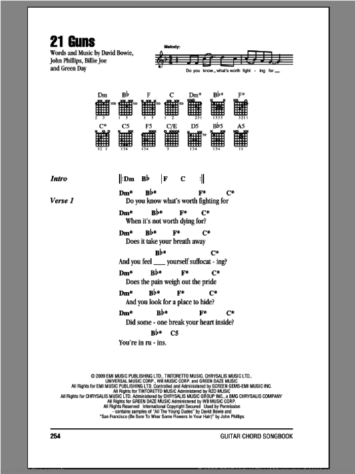 21 Guns sheet music for guitar (chords) by Green Day, Billie Joe Armstrong, David Bowie, Frank Wright, John Phillips and Mike Pritchard, intermediate skill level