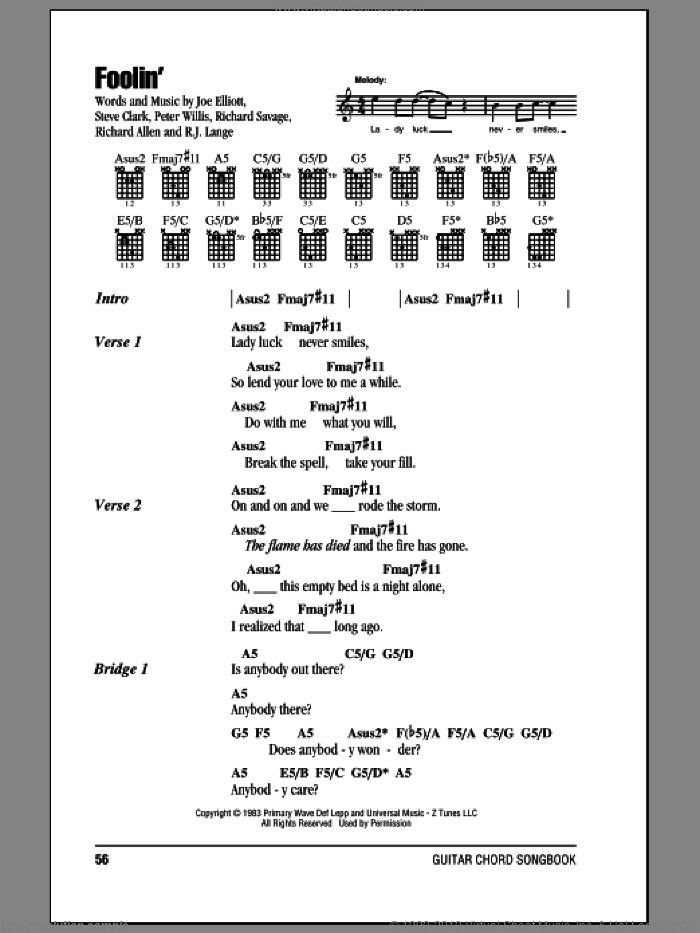 Foolin' sheet music for guitar (chords) by Def Leppard, Joe Elliott, Peter Willis, Richard Allen, Richard Savage, Robert John Lange and Steve Clark, intermediate skill level