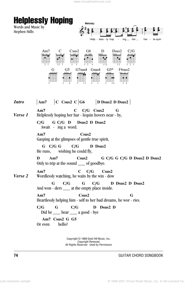 Helplessly Hoping sheet music for guitar (chords) by Crosby, Stills & Nash and Stephen Stills, intermediate skill level