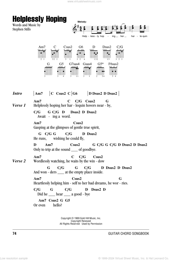 Helplessly Hoping sheet music for guitar (chords) by Crosby, Stills & Nash and Stephen Stills, intermediate skill level