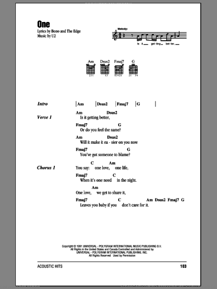 One sheet music for guitar (chords) by U2, intermediate skill level