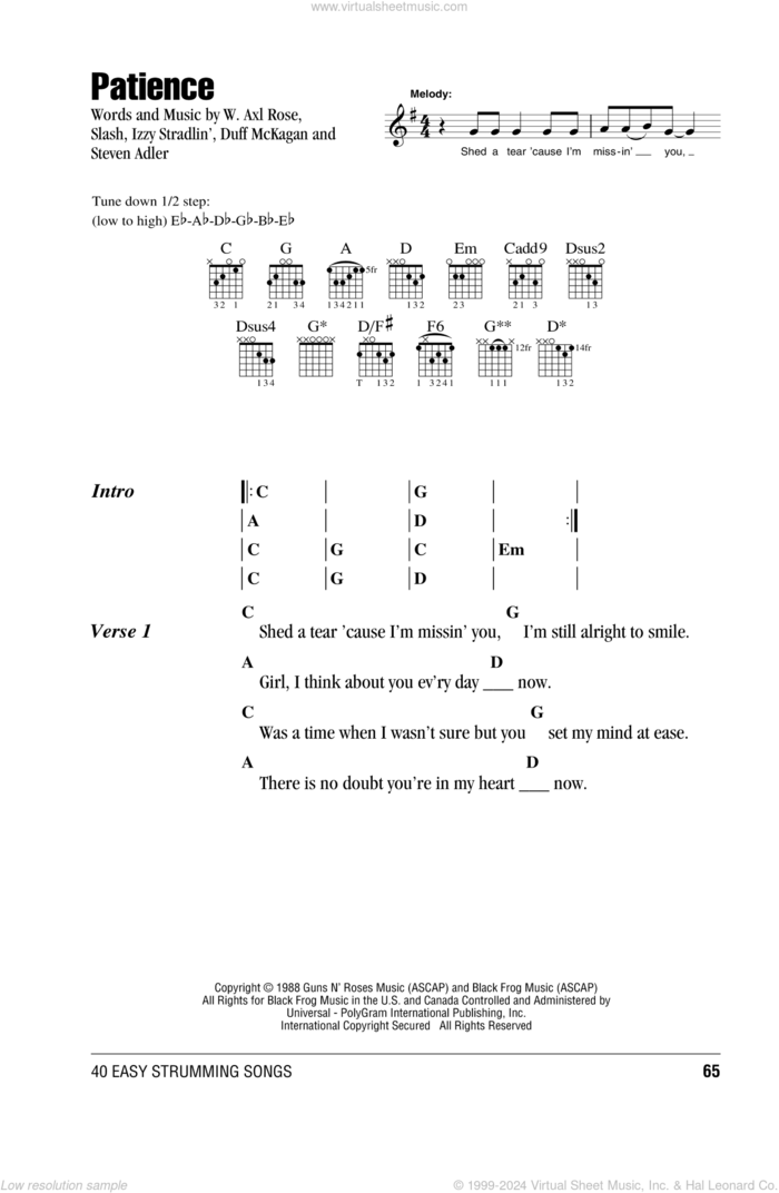 Patience sheet music for guitar (chords) by Guns N' Roses, Axl Rose, Duff McKagan, Slash and Steven Adler, intermediate skill level