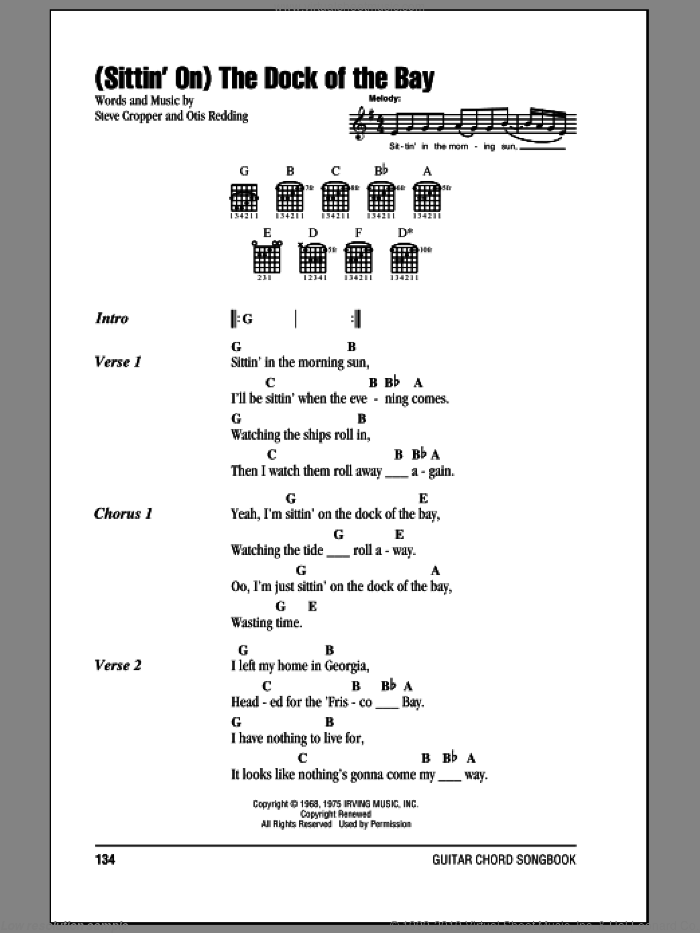 (Sittin' On) The Dock Of The Bay sheet music for guitar (chords) by Otis Redding and Steve Cropper, intermediate skill level