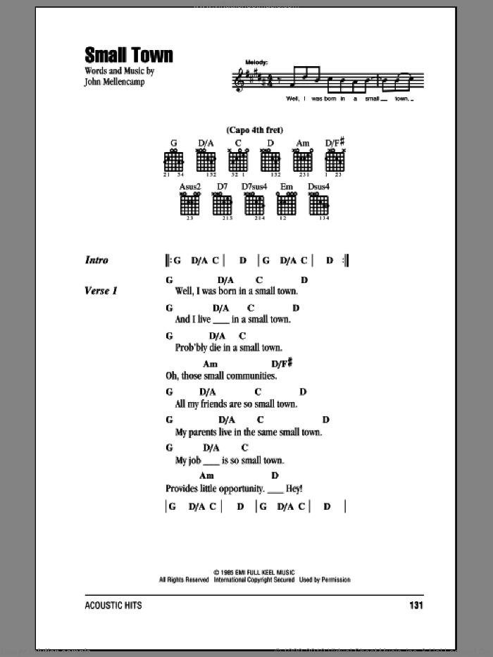 Small Town sheet music for guitar (chords) by John Mellencamp, intermediate skill level