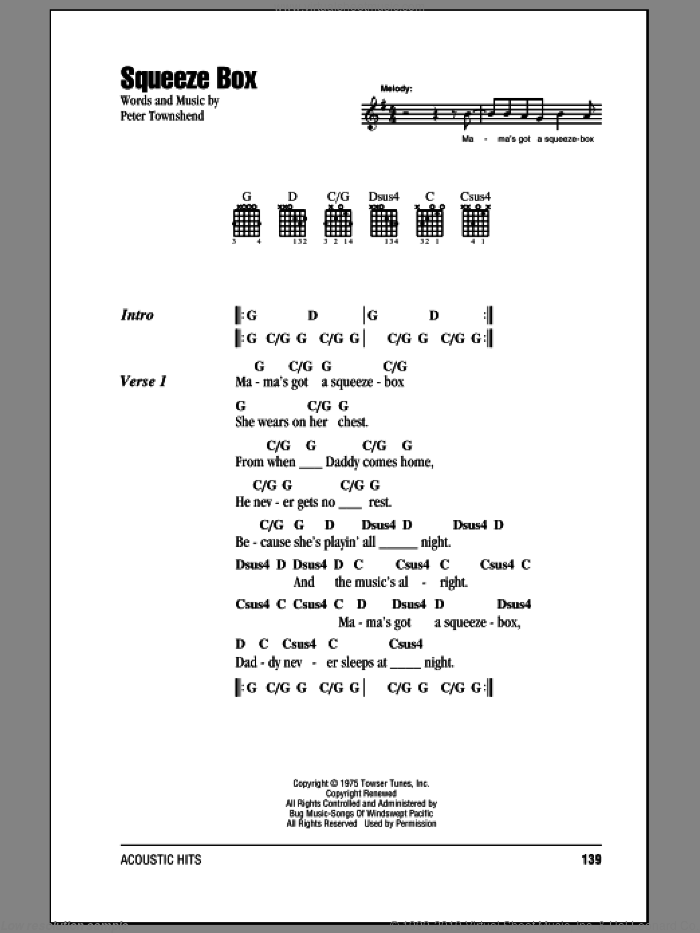 Squeeze Box sheet music for guitar (chords) by The Who and Pete Townshend, intermediate skill level