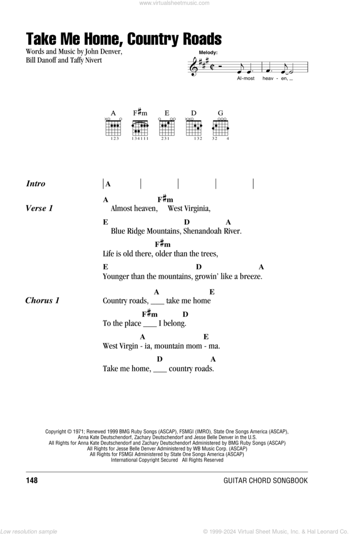 Take Me Home, Country Roads sheet music for guitar (chords) by John Denver, Bill Danoff and Taffy Nivert, intermediate skill level